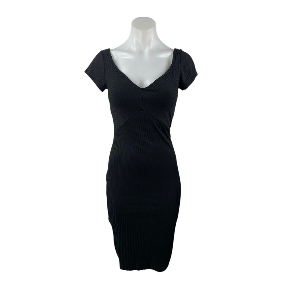 Zara Black Short Sleeve V Neck Ribbed Knit Pencil Midi Bodycon Dress Size S